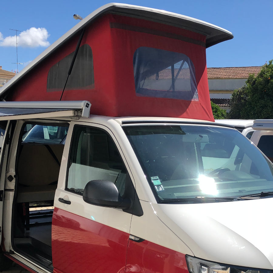 VW campervan pop up roof front angle.